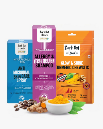 Itch Relief Combo - Anti Allergy and Itch Relief Shampoo, Anti-Microbial Spray, Turmeric Chewstix